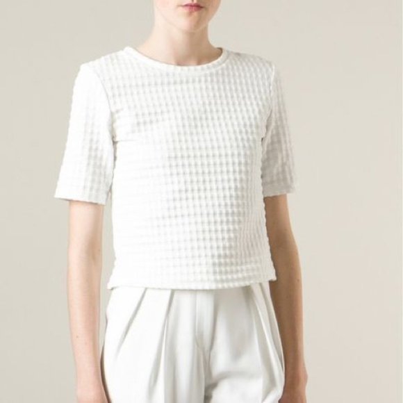 New Theory Hesha waffle knit gingham textured boxy structured cropped blouse top - Picture 4 of 16